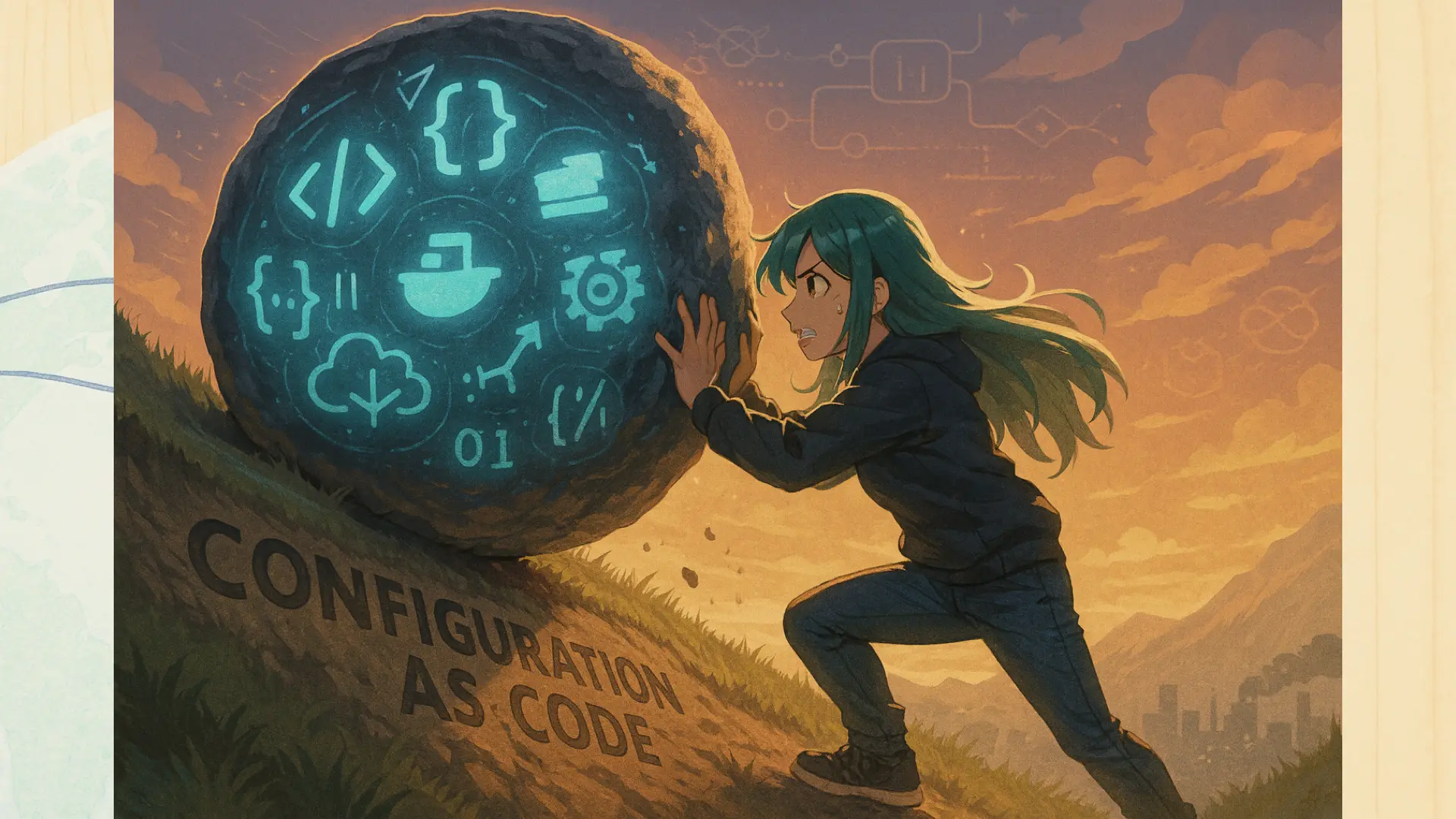 A cartoon woman with green hair pushes a configuration-as-code boulder up a hill in a sisyphean manner.