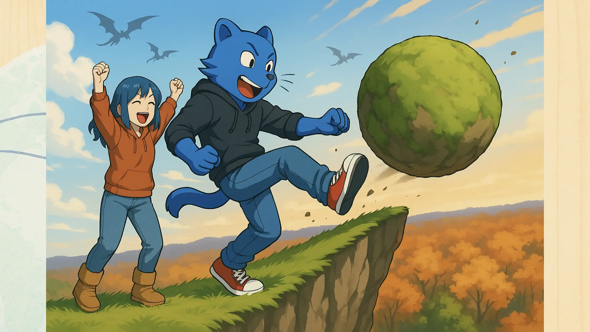 A cartoon tiger kicks away a sisyphean boulder into a gloomy orange forest. The visual symbolism is an exercise for the reader.
