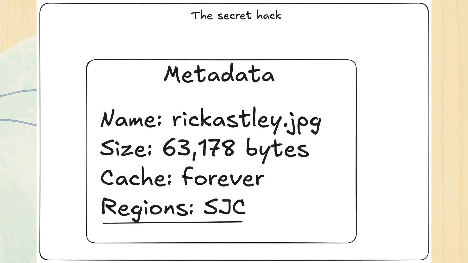 The metadata for the picture of Rick Astley, including the size, caching rules, and which regions the object lives in.