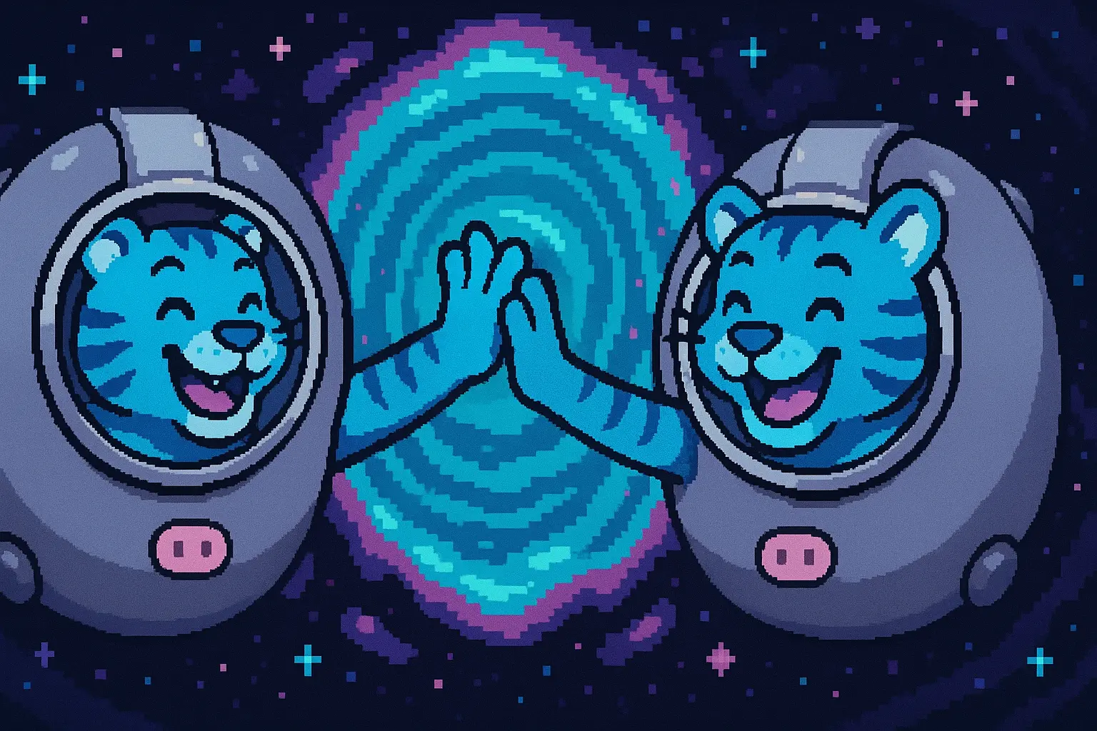 Pixel art of two copies of Ty from different timelines meeting up in the vast emptiness of space.