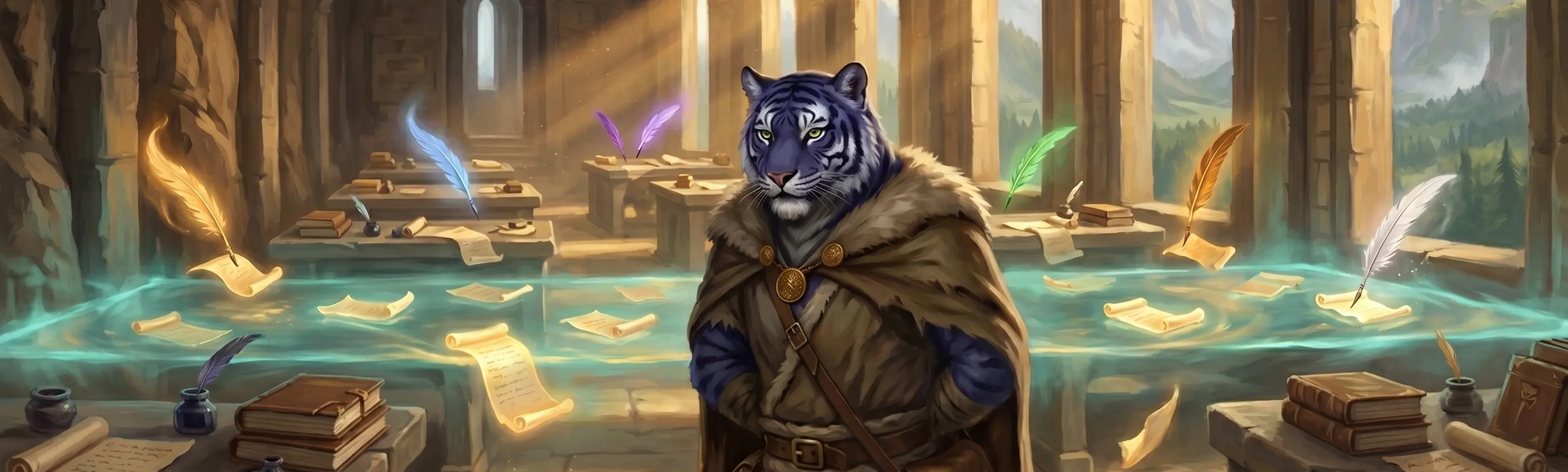 Ty the tiger overseeing a vaulted stone scriptorium, where multiple colored enchanted quills work autonomously between reading tables inscribing scrolls. A translucent teal-and-gold layer of magical light hovers chest-high across the chamber, holding fallen scrolls safely suspended above the floor.