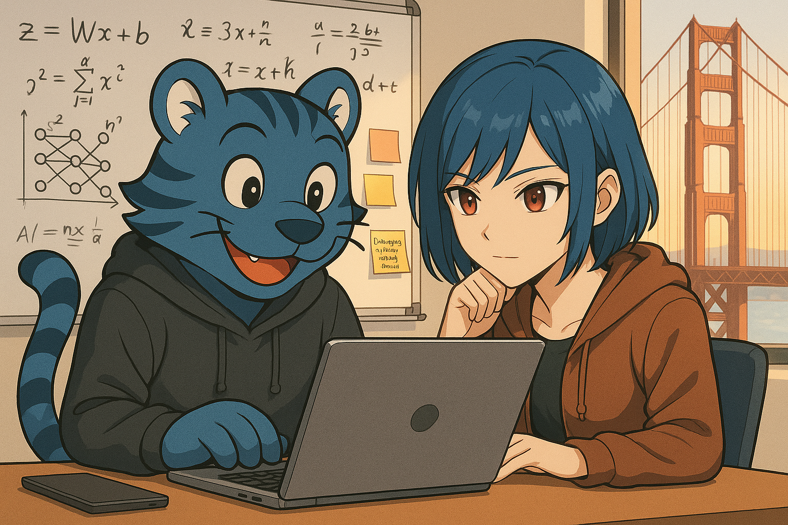 A blue Tiger works with a coworker at a laptop in front of the Golden Gate Bridge.