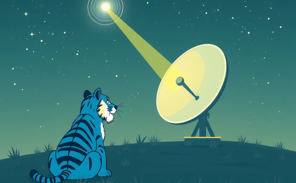 Tigris tiger watching a beam from a ground satellite. Image generated with Flux [dev] from Black Forest Labs on fal.ai
