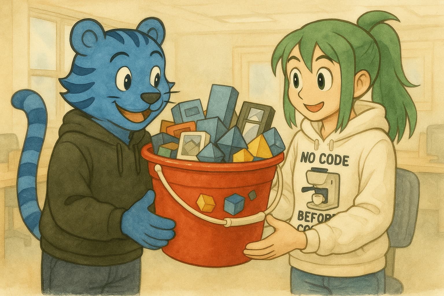 A cartoon tiger sharing a bucket full of fun objects with his green-haired friend.