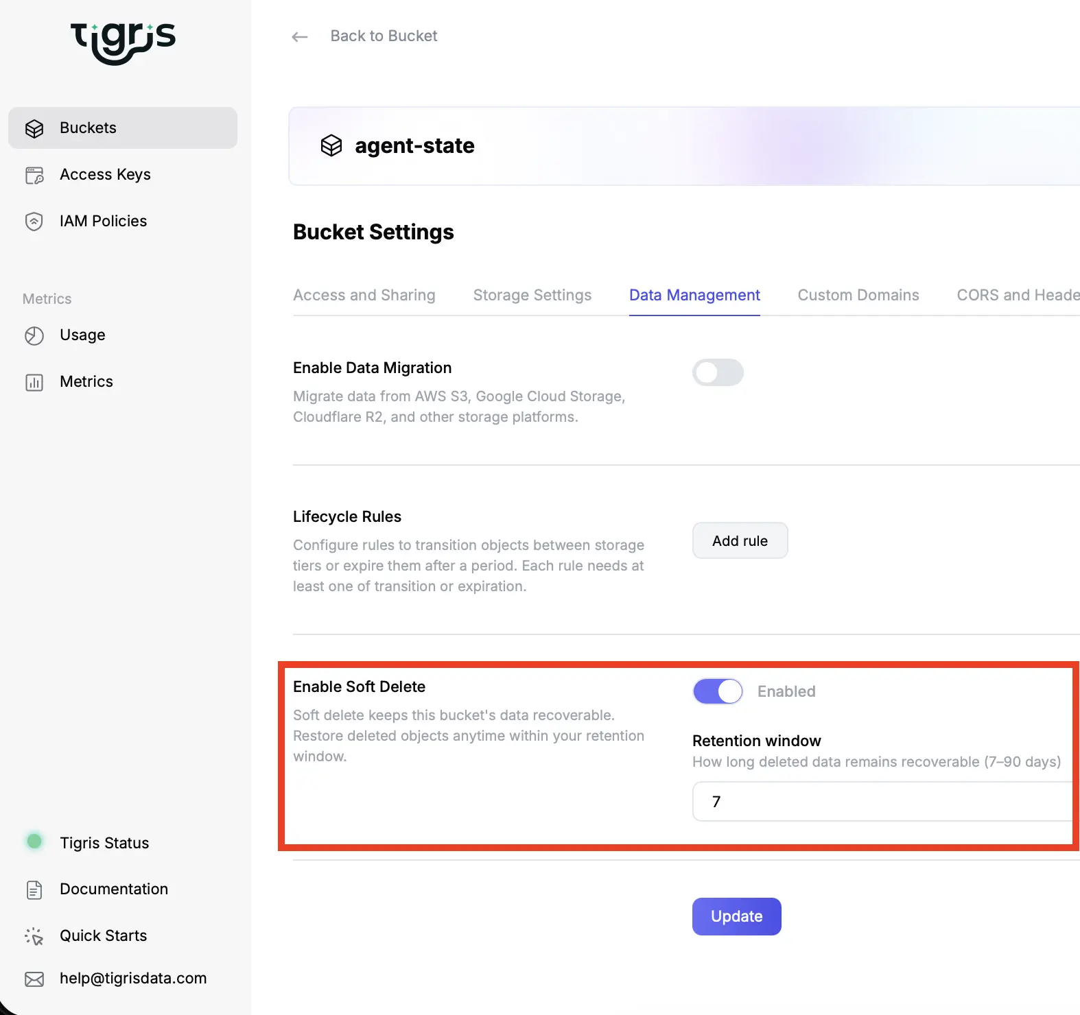 The Bucket Settings → Data Management tab in the Tigris dashboard with the Enable Soft Delete toggle switched on for an existing bucket