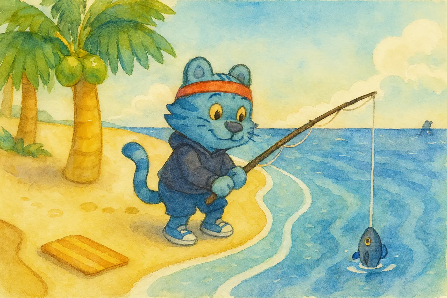 A cartoon tiger fishing off the side of a tropical island