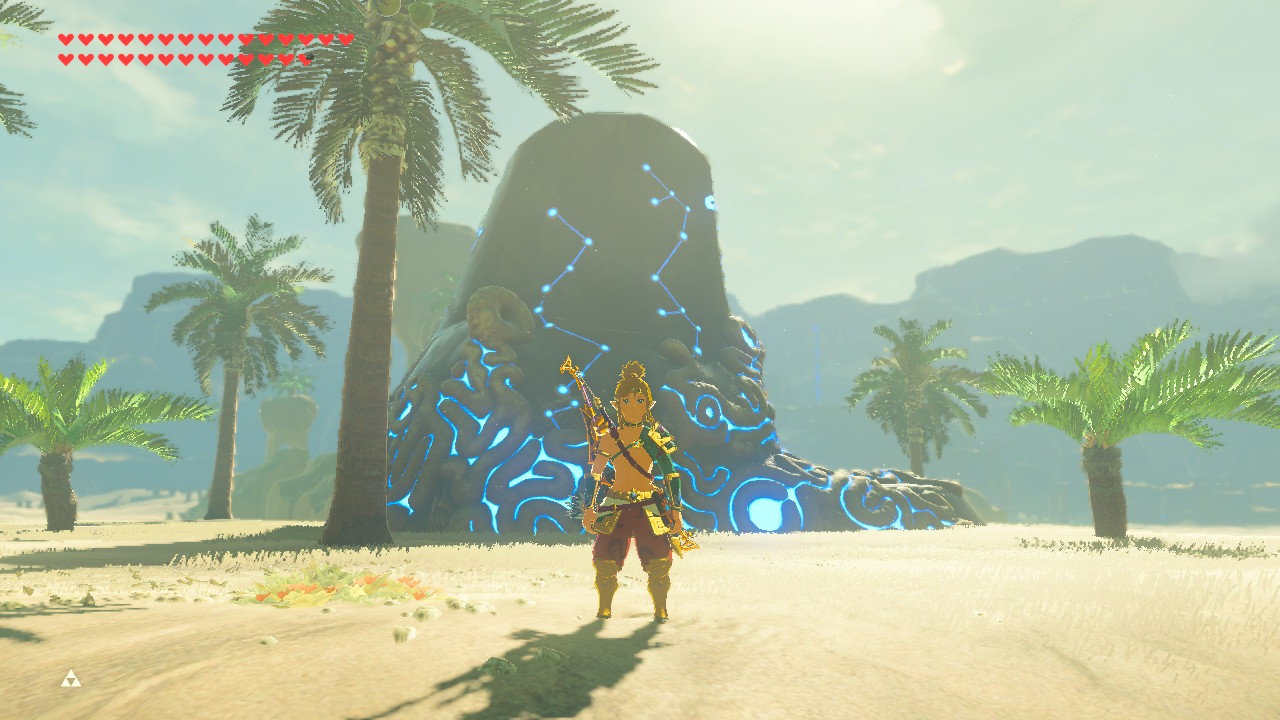 A picture of Link in the Gerudo Desert wearing a lightweight desert outfit
near a black shrine with blue leylines all over it.