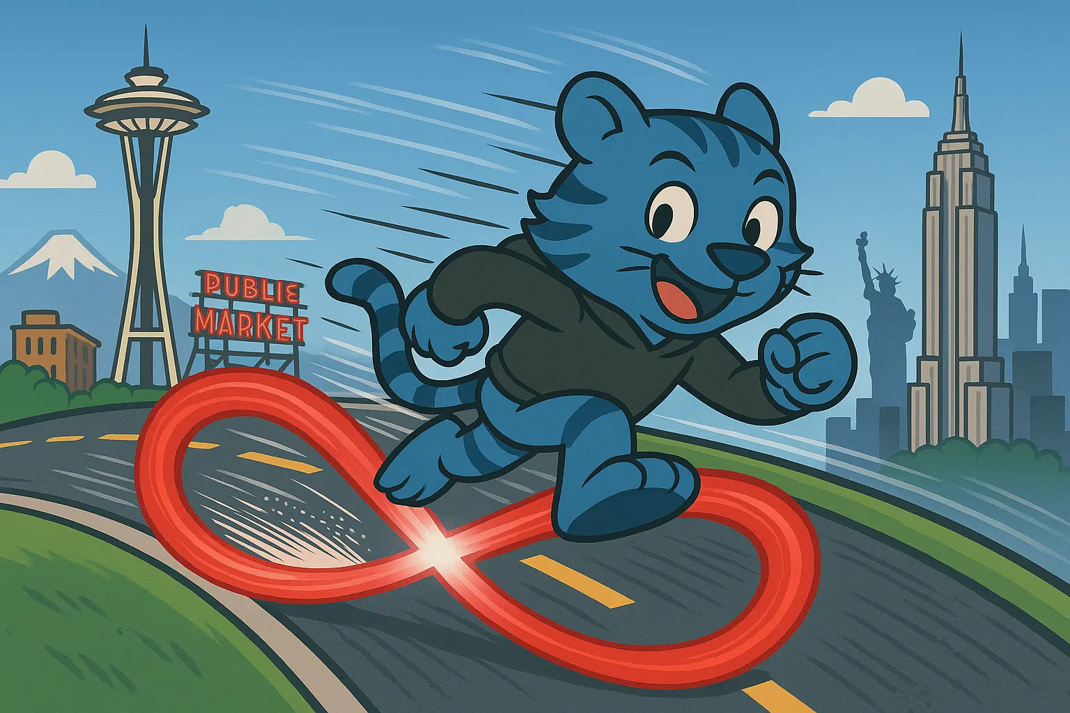 An image of a cartoon tiger running quickly from Seattle to New York City