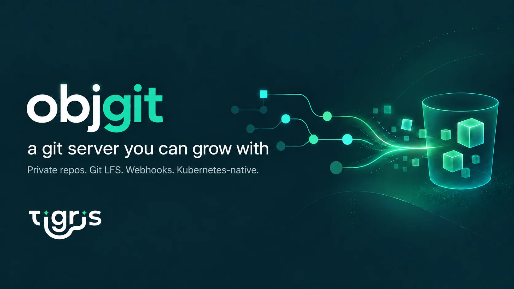 The objgit logo with the tagline 'a git server you can grow with', next to glowing git commit lines streaming cubes into a translucent bucket