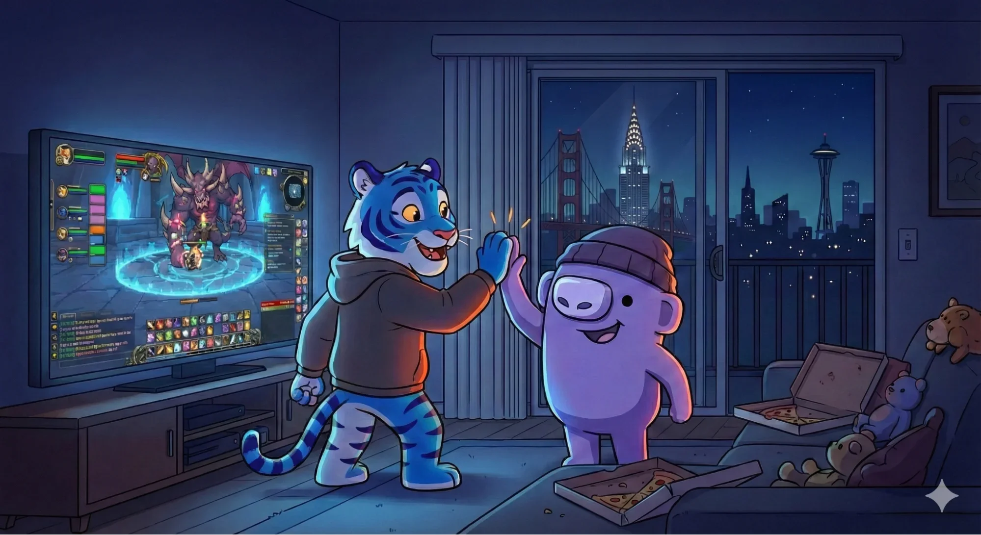A calarts blue bengal tiger high-fiveing the Discord wumpus in the middle of a hardcore gaming session in an apartment in San Francisco.