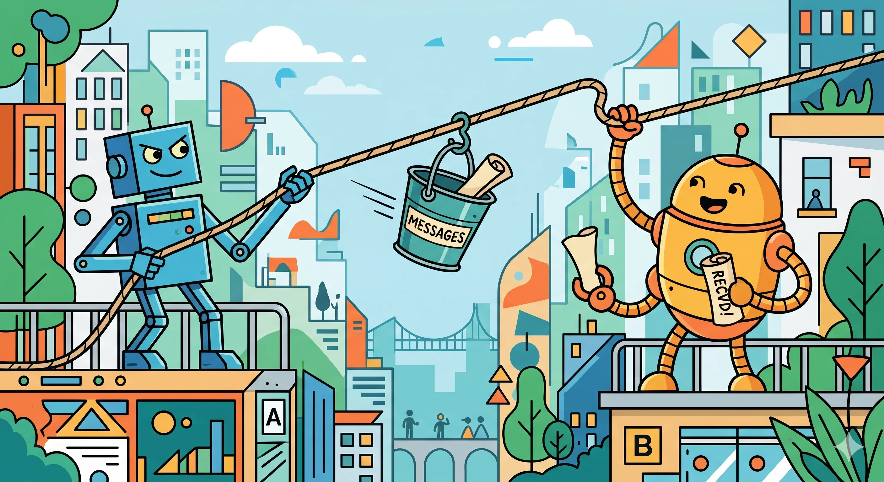 Two robots on separate platforms passing a bucket labeled 'MESSAGES' between them via a pulley line, with a colorful cityscape in the background. Robot A sends the bucket while Robot B receives a report.