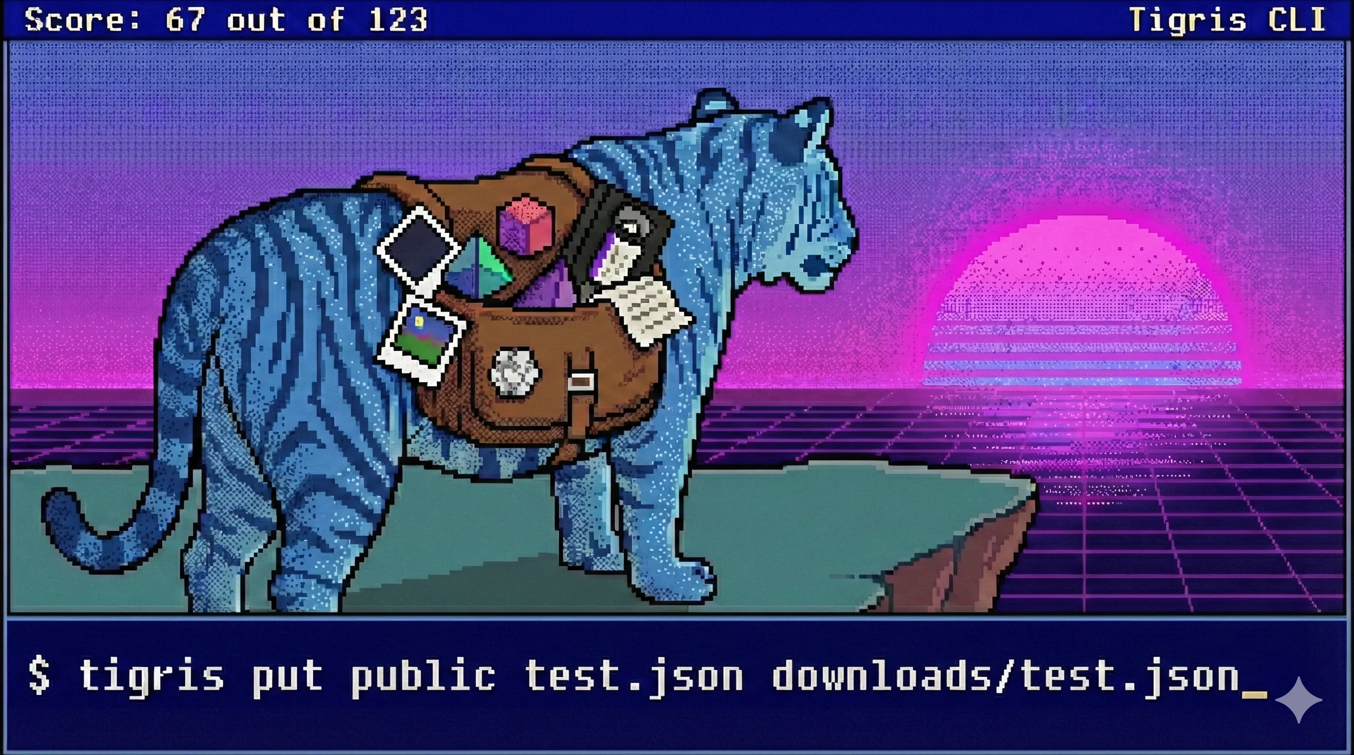 Terminal window showing the tigris command in action with a colorful table display of uploaded files