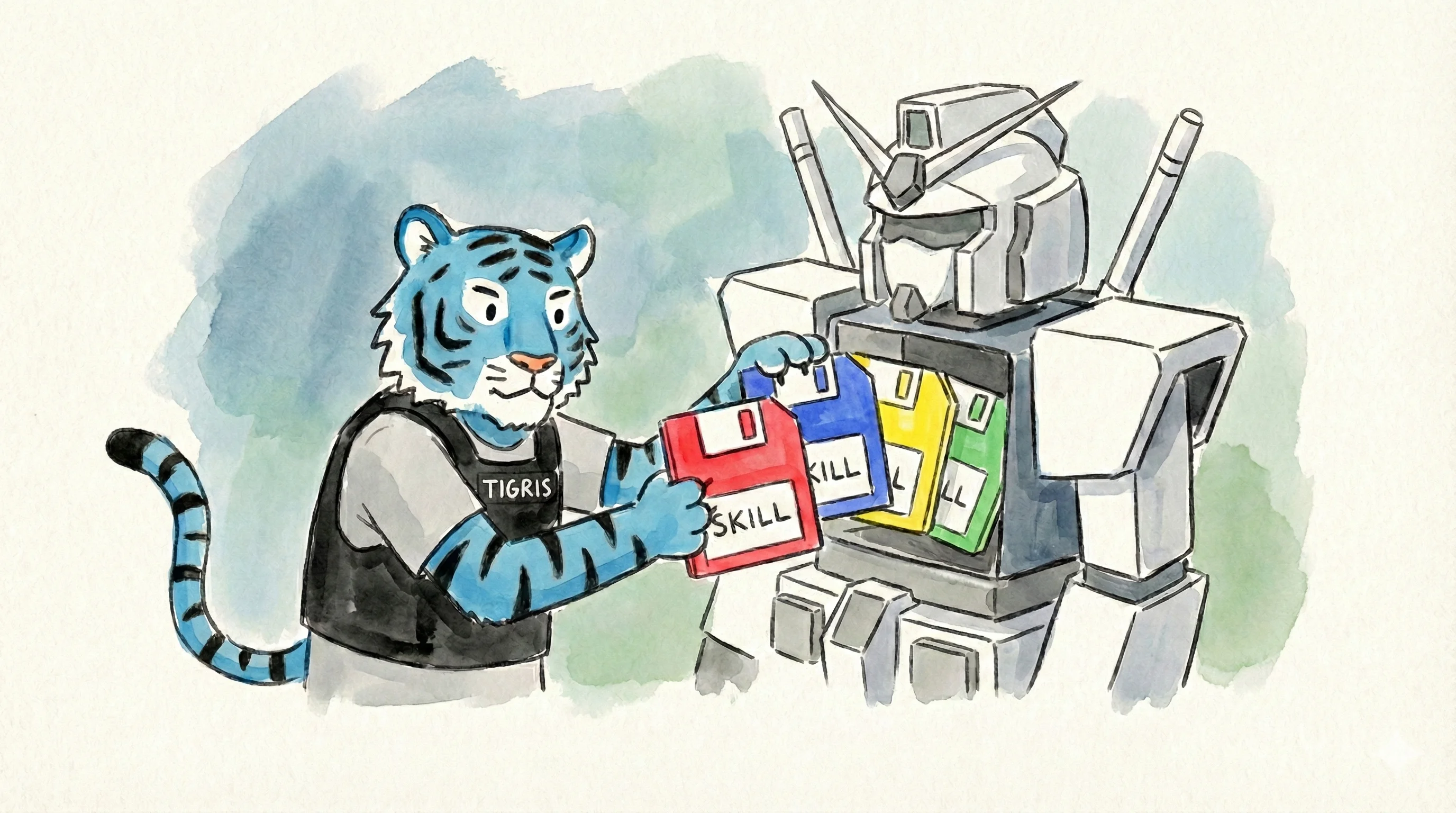 A robot arm carefully organizing colorful skill badges on a workspace surface