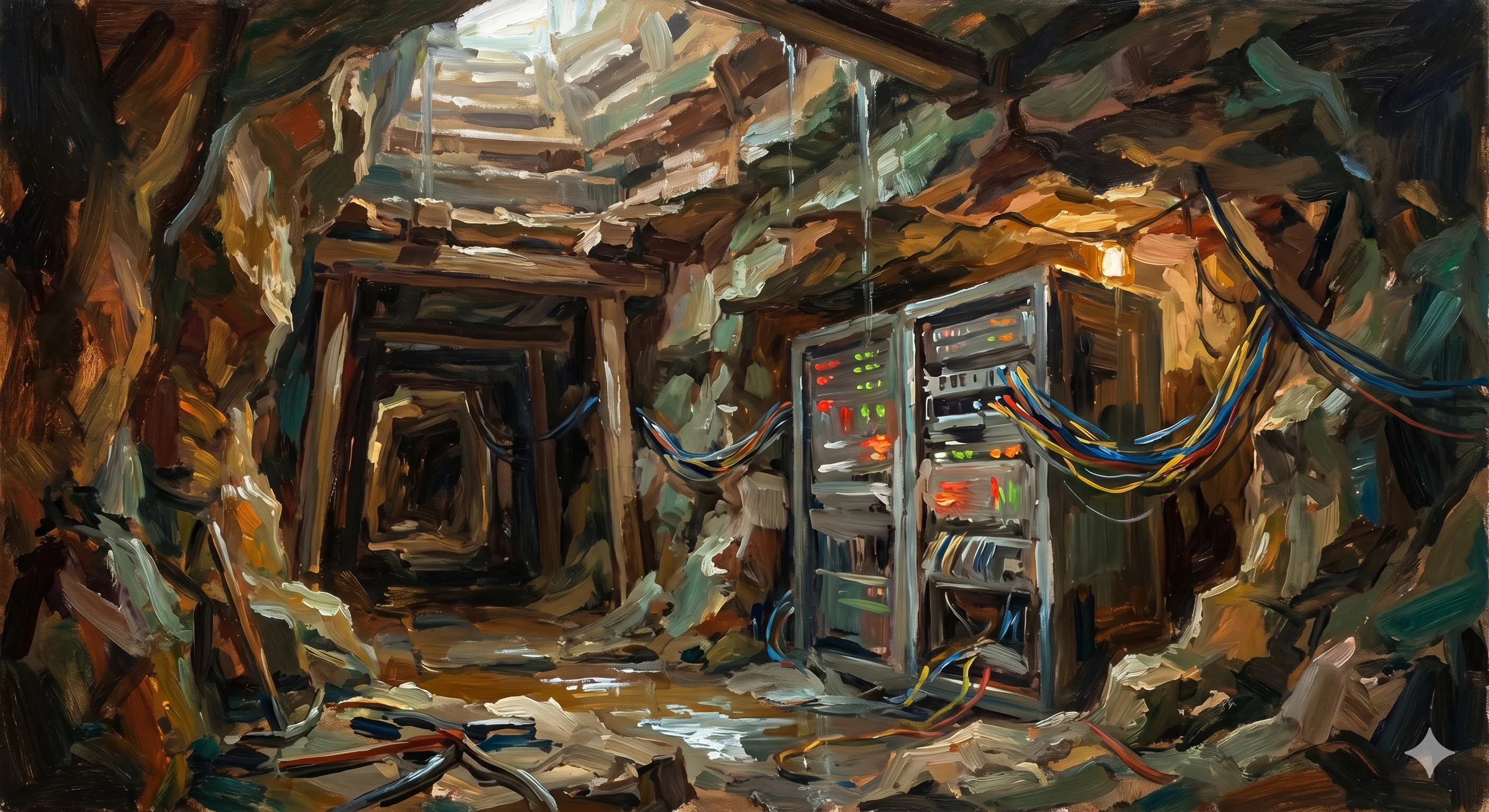 An oil-painted scene of a server rack with blinking lights and tangled cables, installed deep inside a timber-framed mine tunnel.