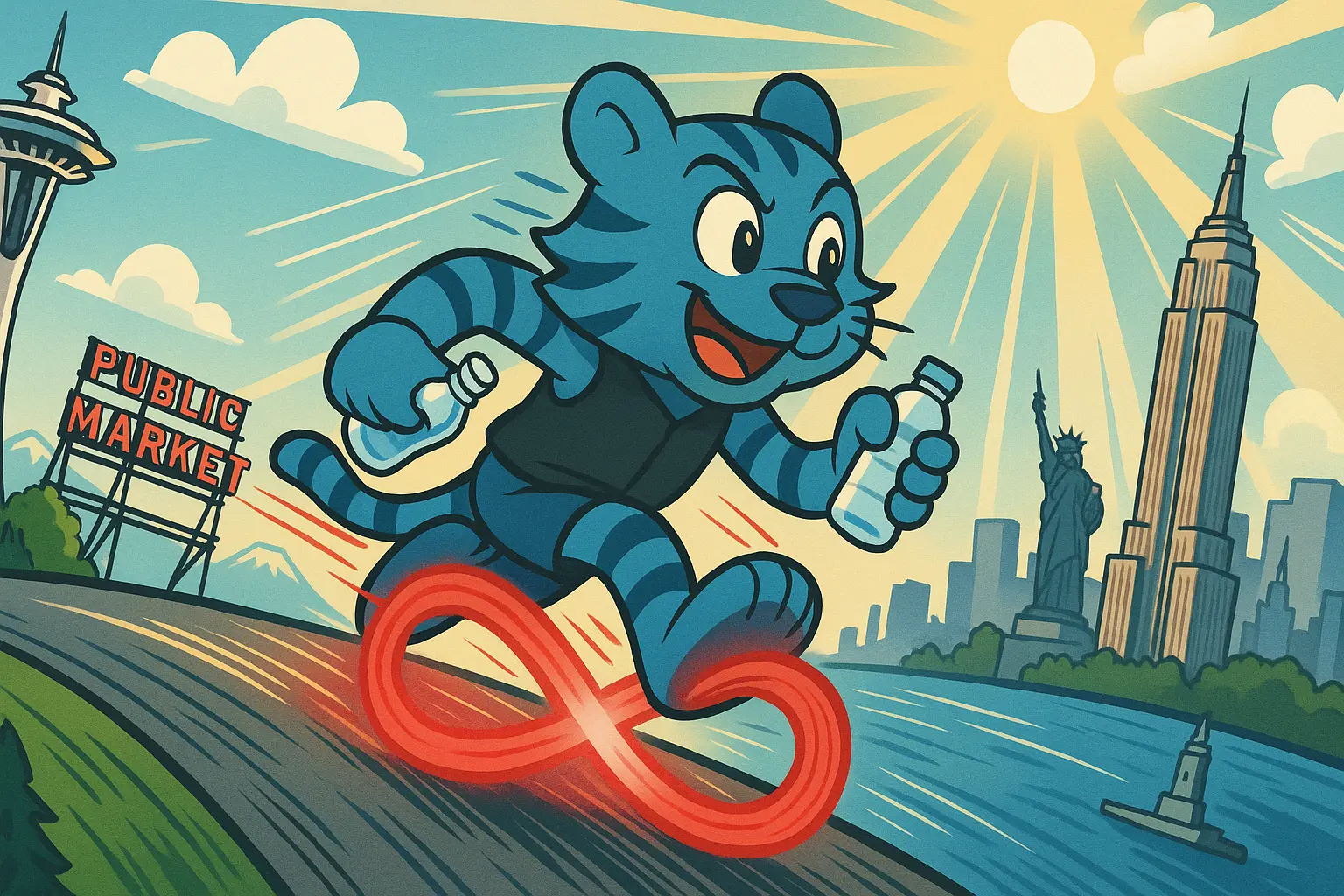 An image of a cartoon tiger with a water bottle running quickly from Seattle to New York City