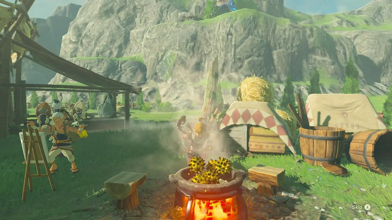 In a bustling campsite at the foot of a rocky mountain, the video game character Link joyfully cooks spiky yellow fruits in a large steaming pot, while a surprised elderly painter recoils from her easel nearby.