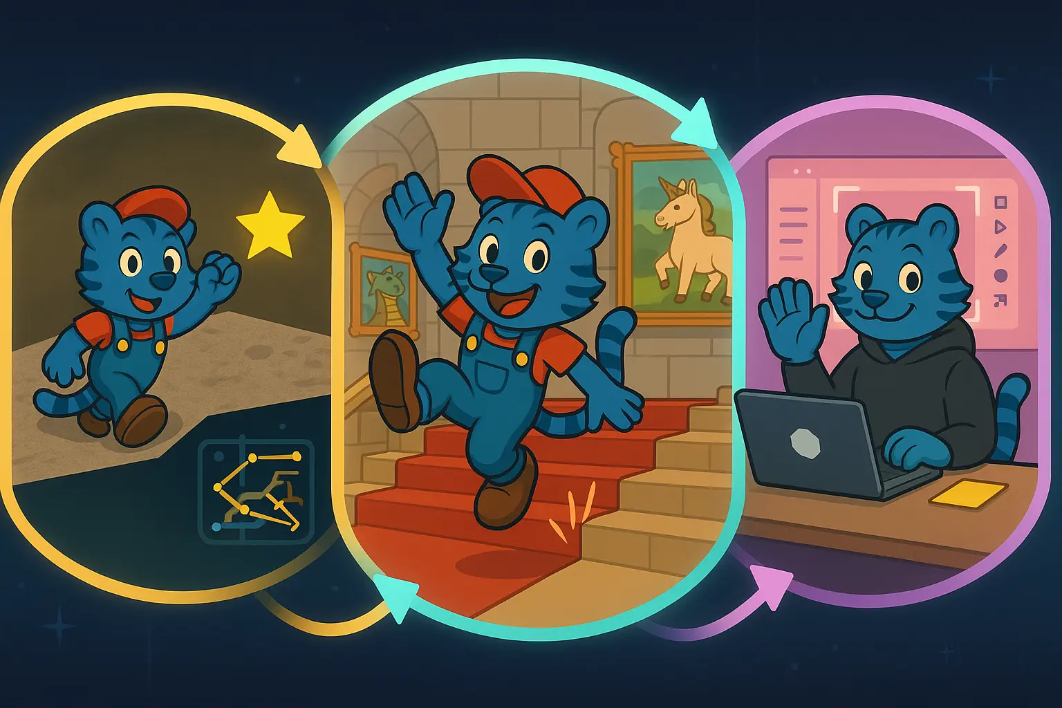 A blue tiger in several parallel universes demonstrating different kinds of things that can be done with AI