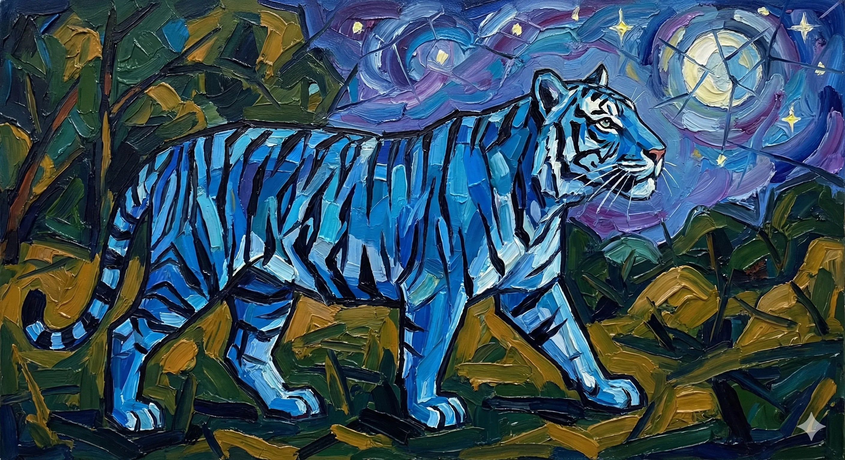 Impressionist painting of a blue tiger walking through foliage under a starry night sky
