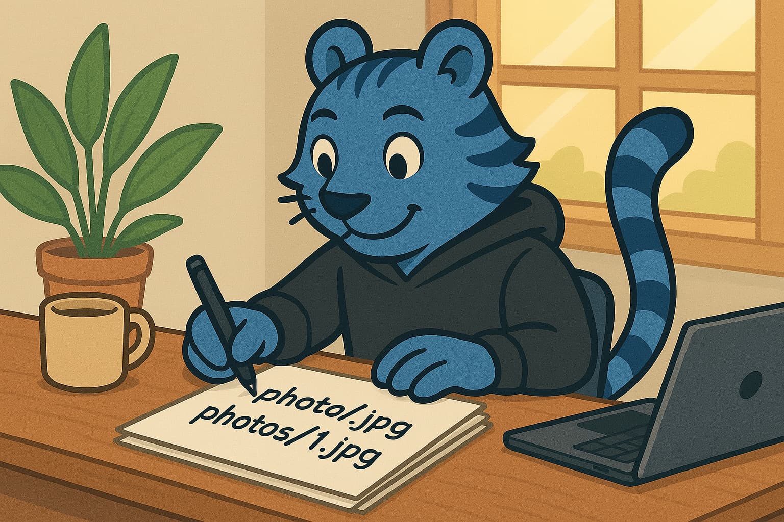 A cartoon tiger renaming files on a desk.