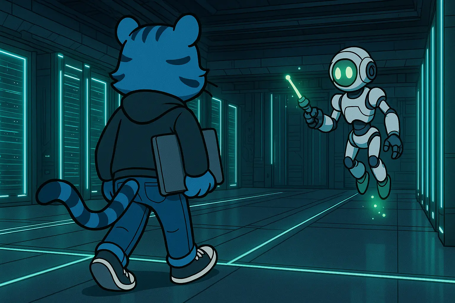 A blue tiger with a laptop under his shoulder walks to work, greeting a floating robotic datacentre technician on his way to his office.