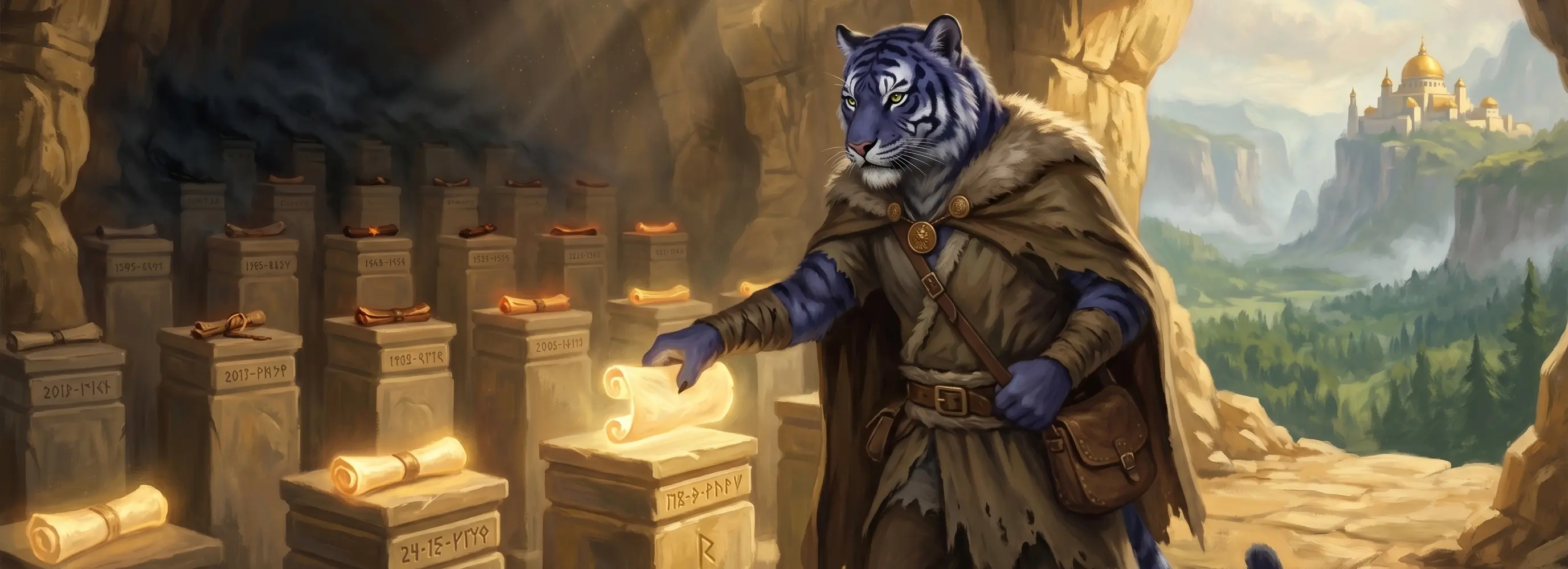 Ty the tiger inside an ancient cliffside vault chamber, surveying rows of stone pedestals that hold glowing soft-deleted scroll-artifacts inscribed with timestamped runes, the deepest pedestals fading into dark mist as their retention expires, with the verdant Tigris kingdom visible through the cave mouth