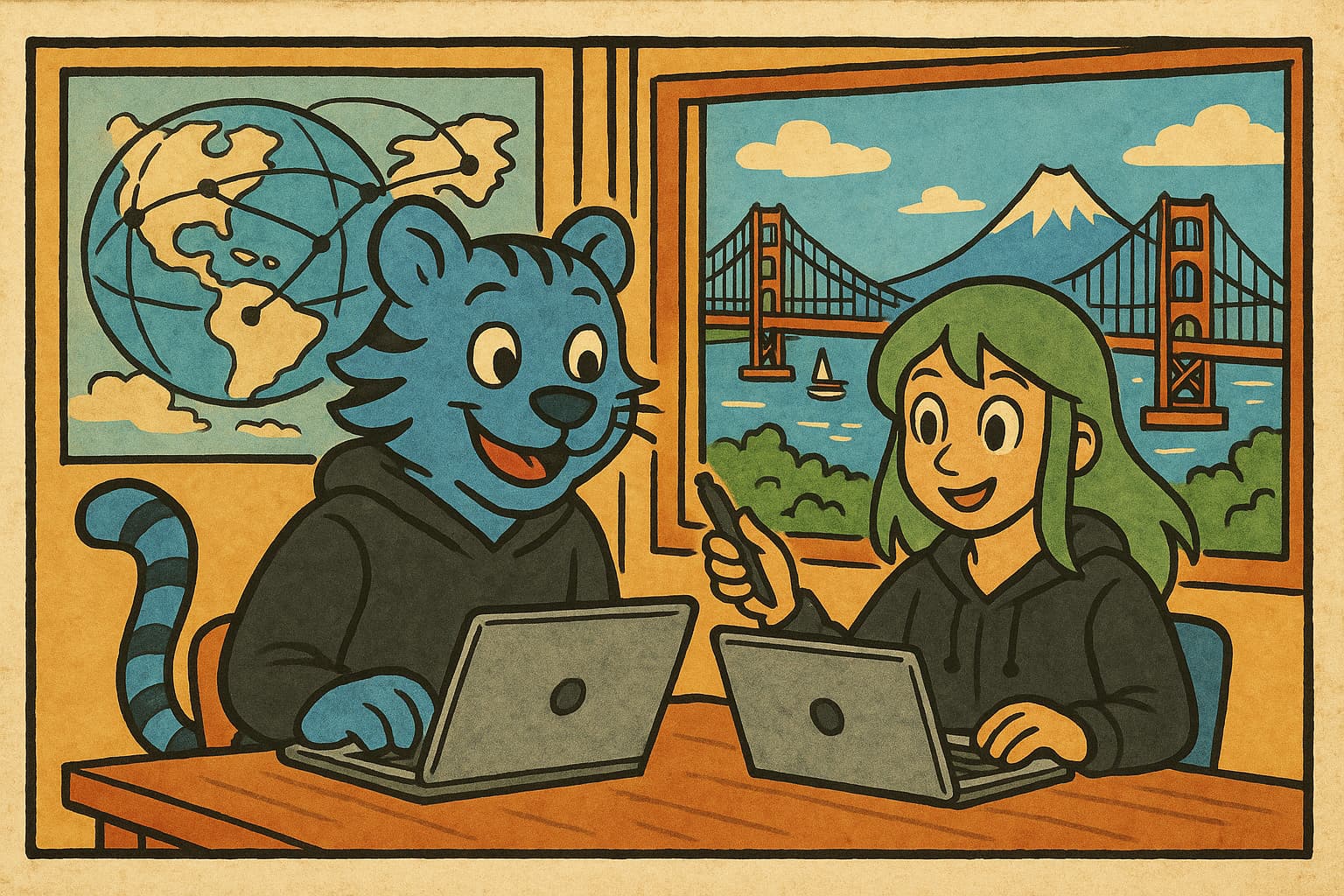 A tarot style illustration of Ty and Xe working in an open office in San Francisco.
