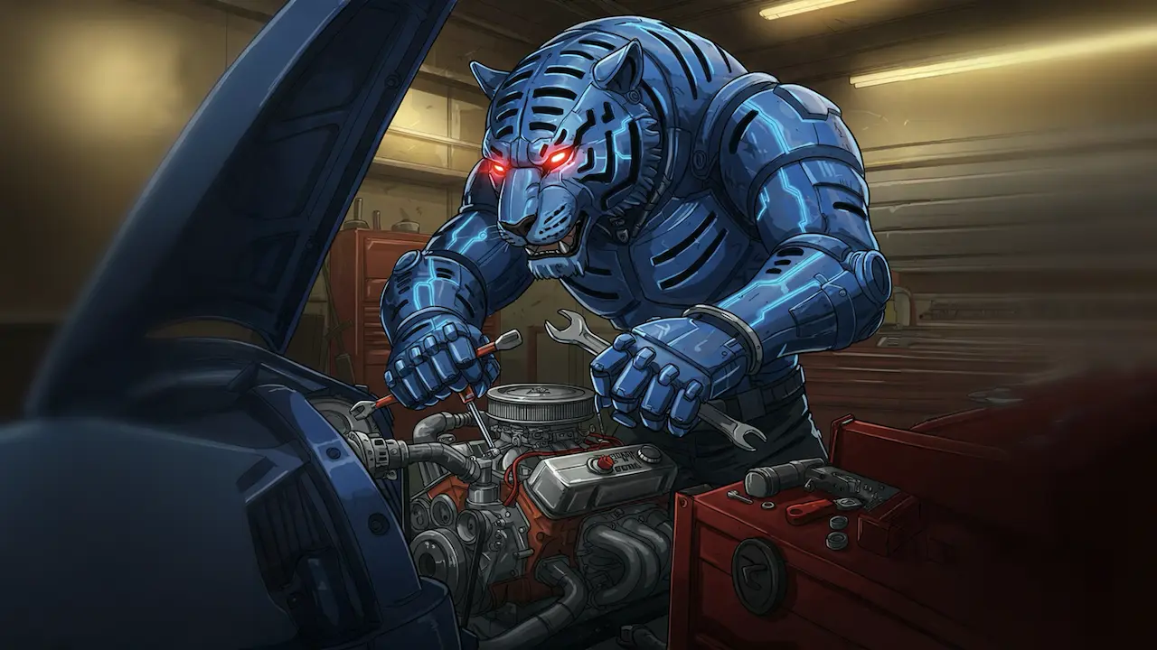 A robotic blue tiger using tools to work on an engine.
