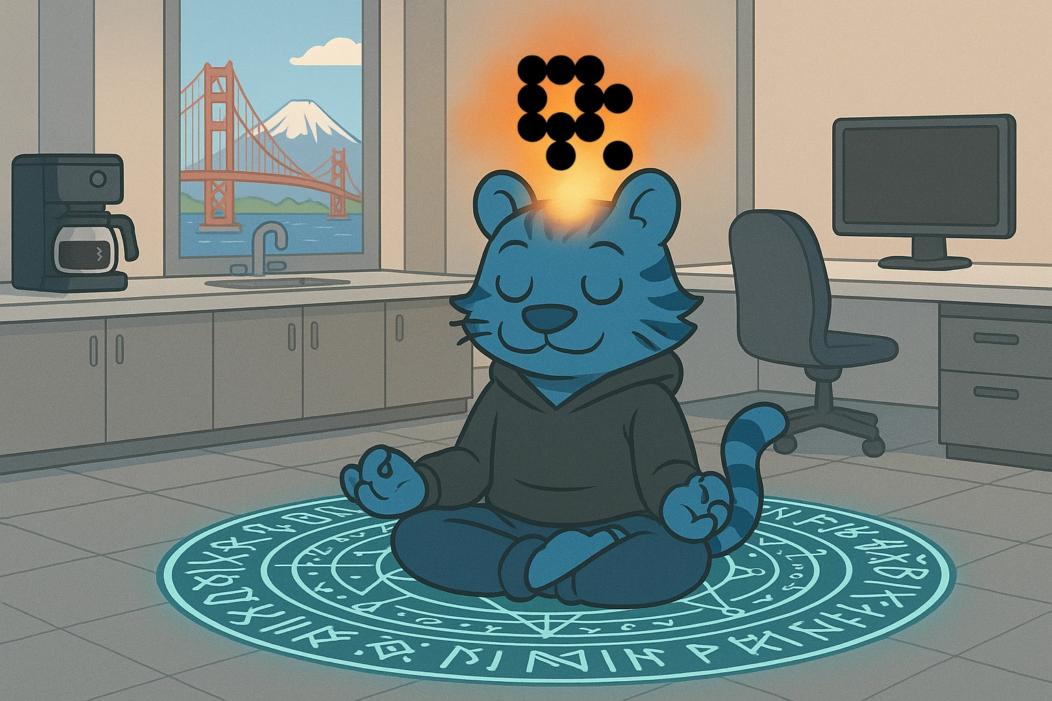 A cartoon tiger meditating in an open office on top of a runic magic circle with the LanceDB logo projecting out of his crown chakra.