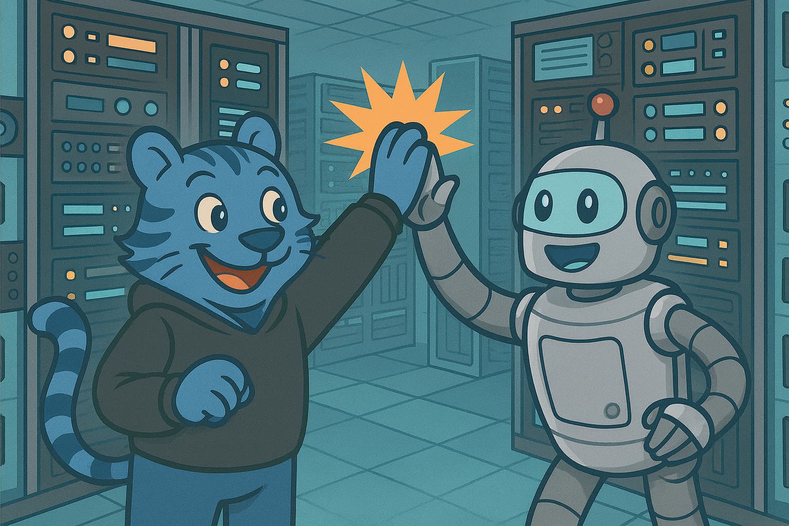 An anthropomorphic cartoon tiger giving a robot a high-five in a datacentre
