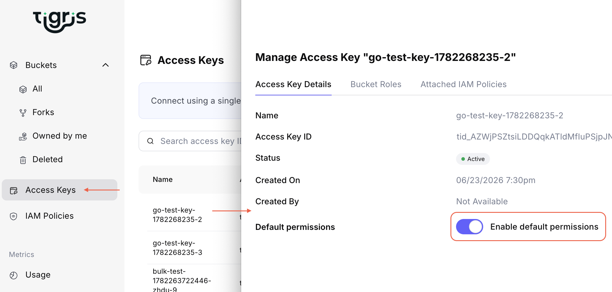 The Default allowed operations toggle in the access key details