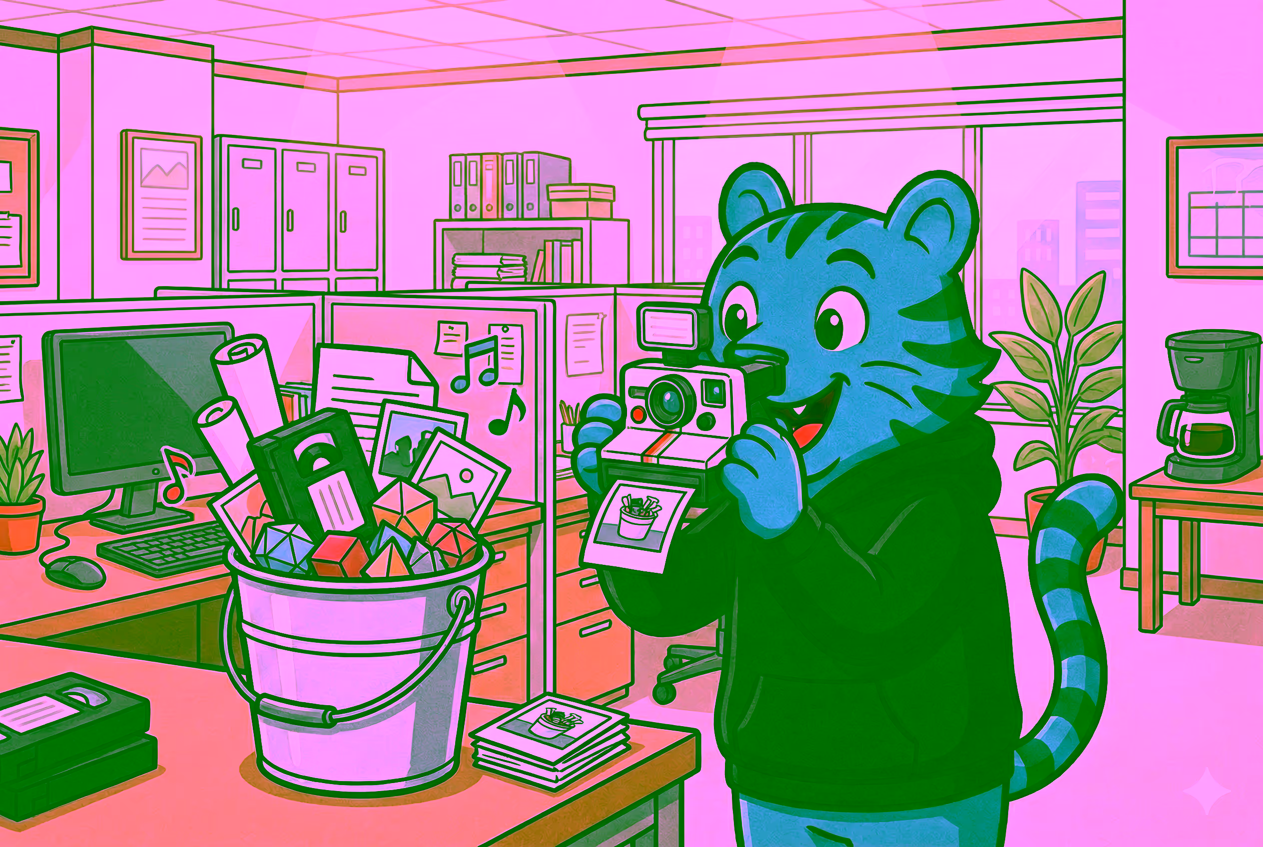 A cartoon tiger taking pictures of a bucket of data as it changes.