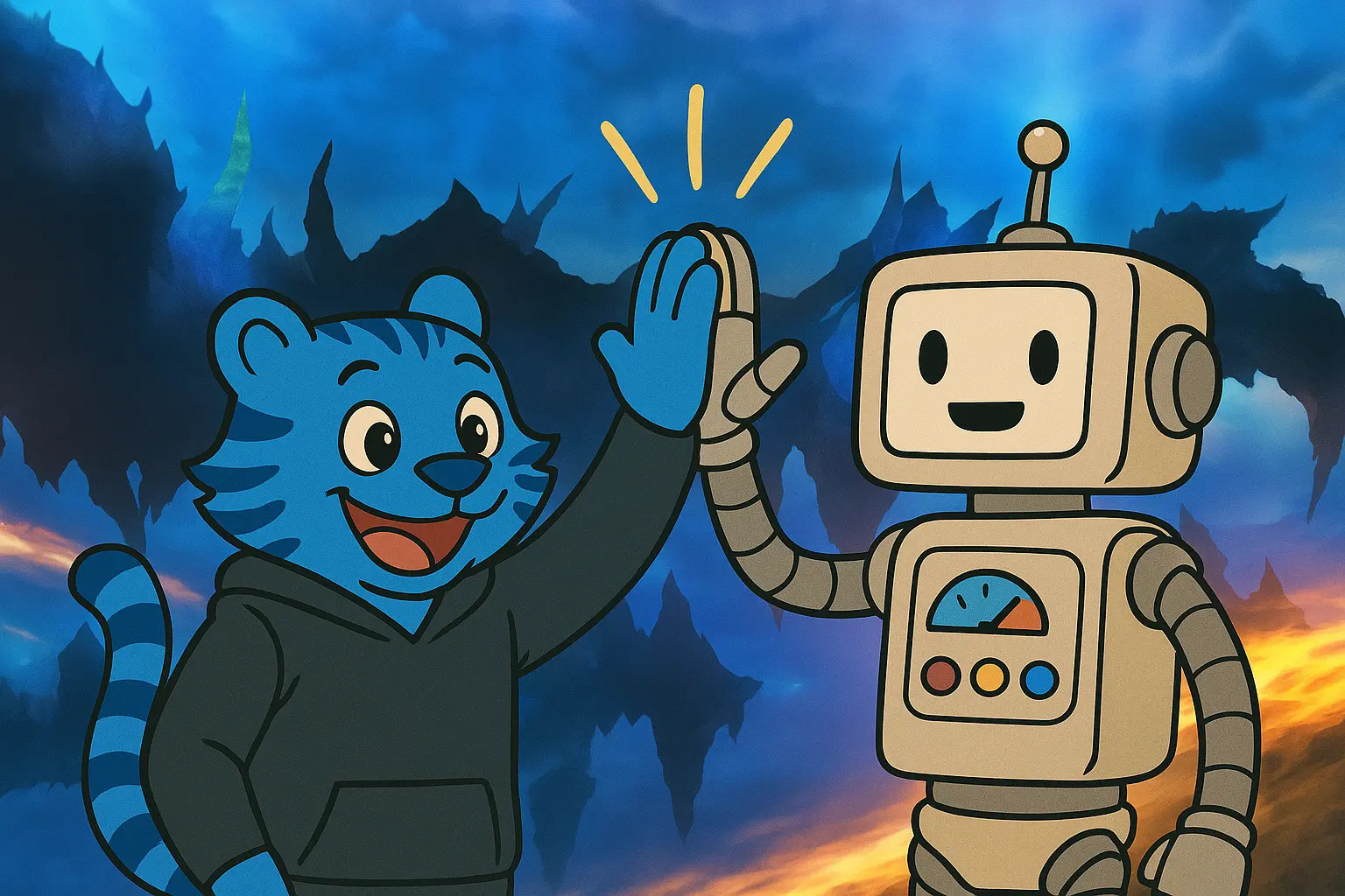 A digital illustration of a cartoon bengal tiger high-fiving a robot on a backdrop of the astral plane with floating mountains.