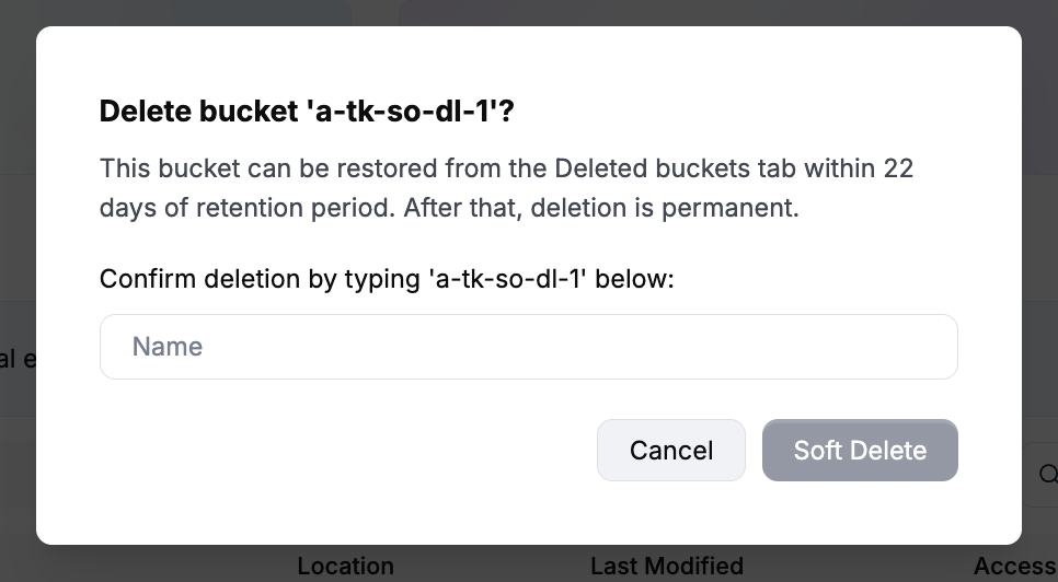 Delete bucket confirmation dialog for a soft-delete-enabled bucket