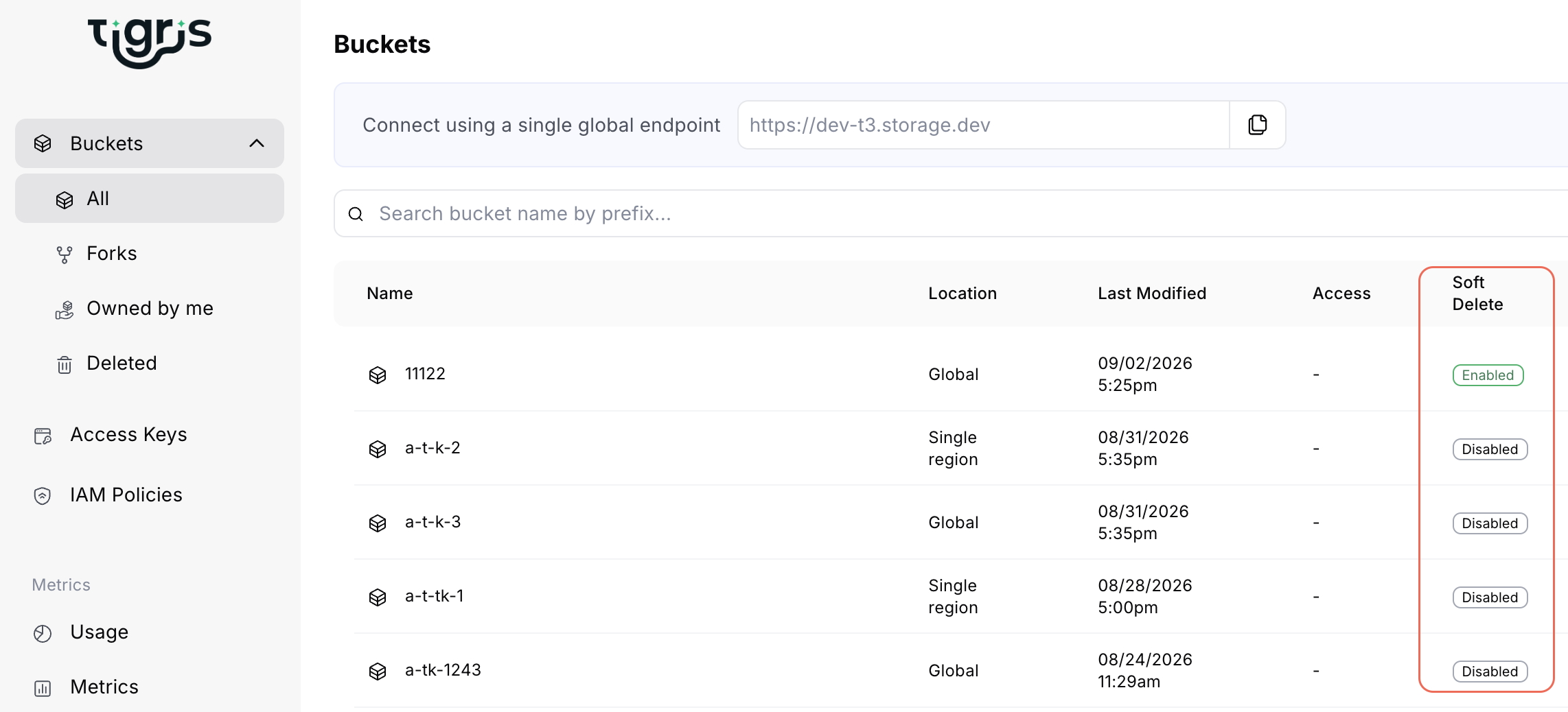 Buckets list with the Soft Delete column and the Deleted item in the sidebar