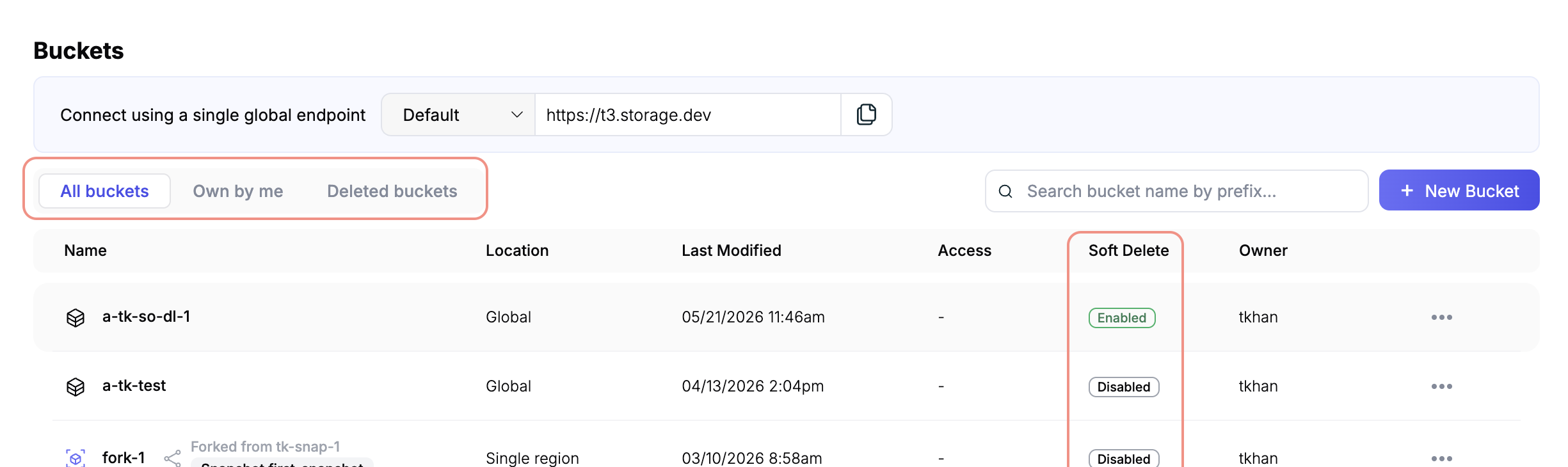 Buckets list with the Deleted buckets tab and Soft Delete column