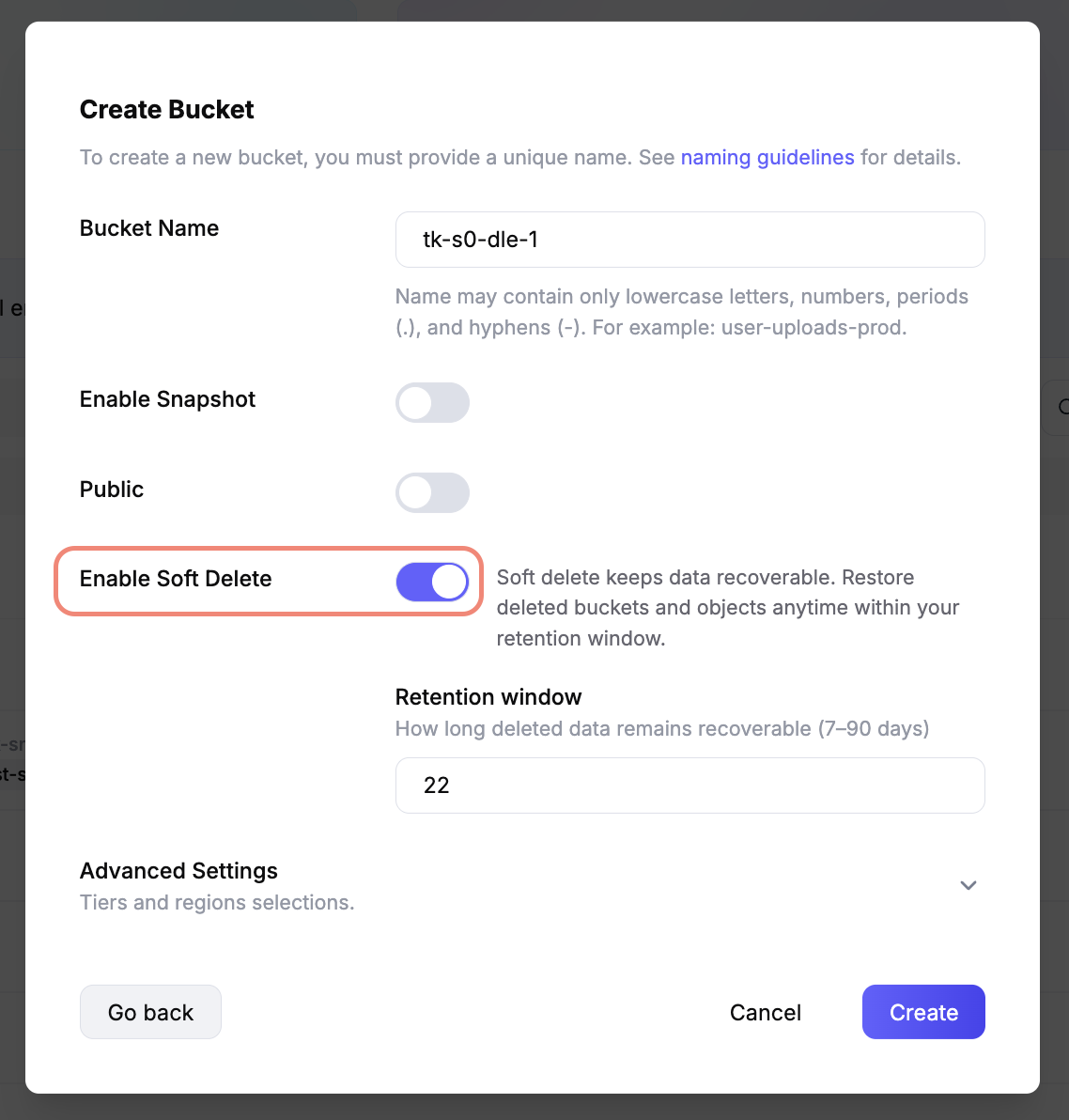 Enable soft delete during bucket creation