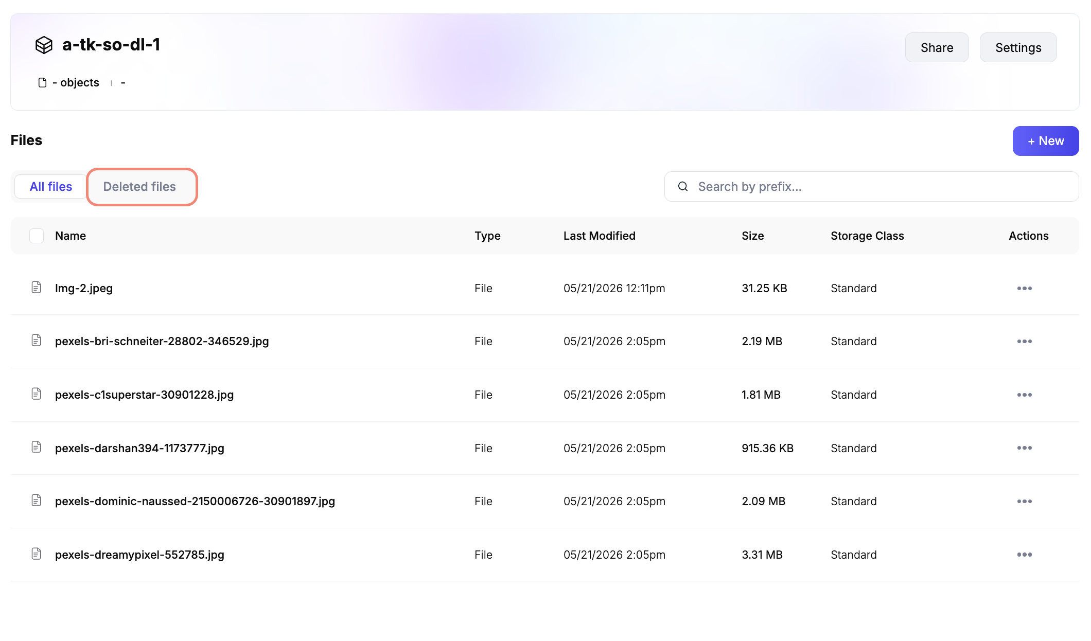 Files browser with All files and Deleted files segments
