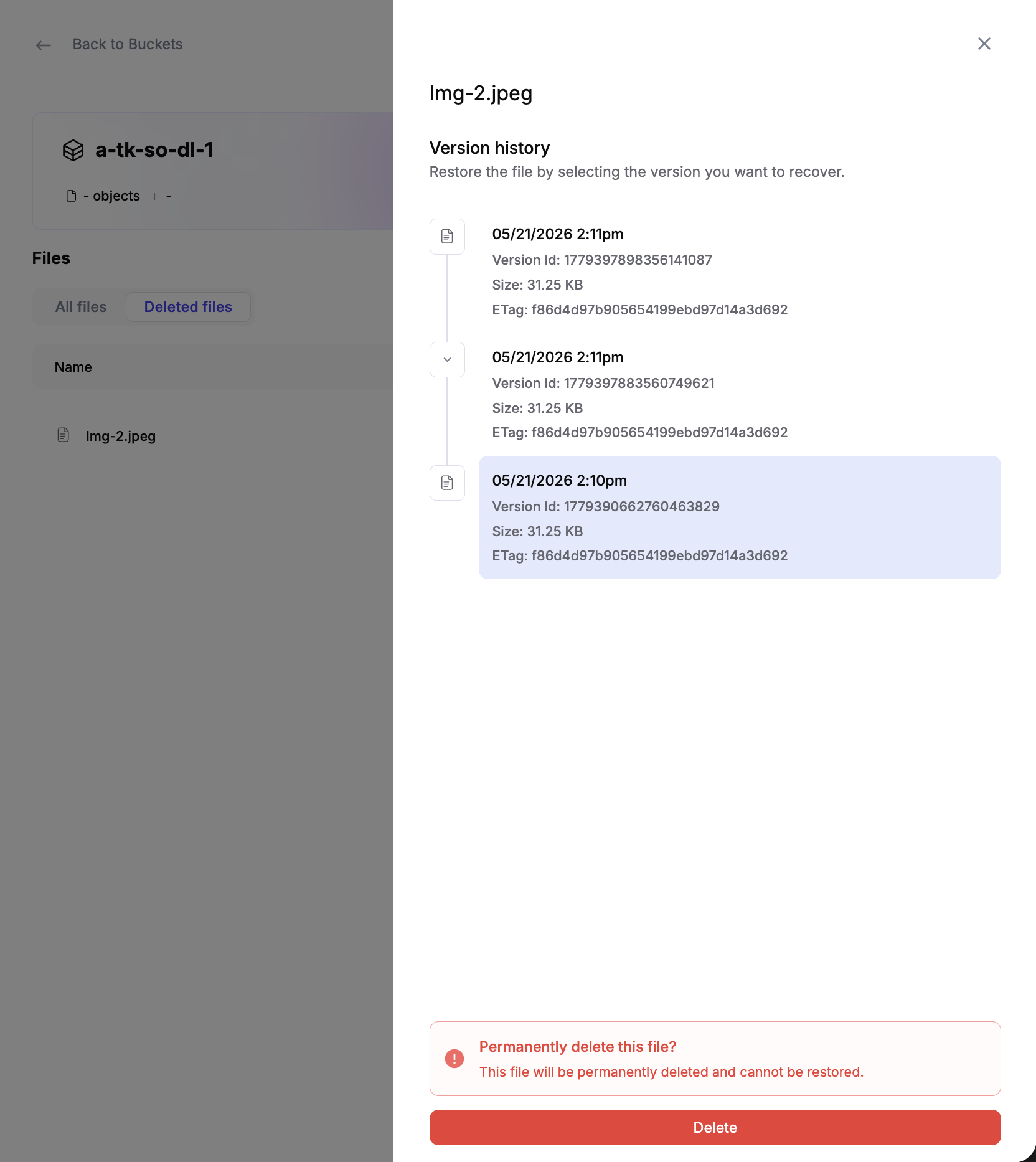 Permanently delete a soft-deleted version from the Version history panel