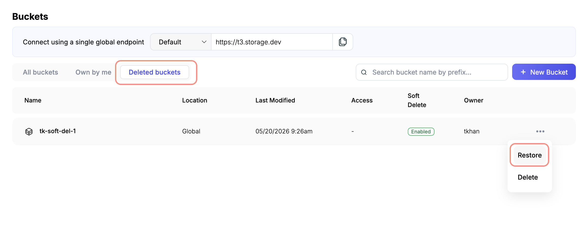 Restore a soft-deleted bucket from the Deleted buckets tab