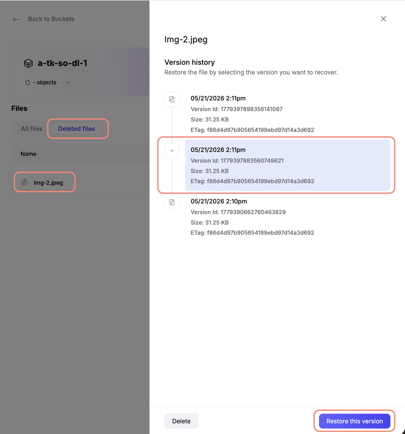 Restore a soft-deleted object from the Deleted files tab