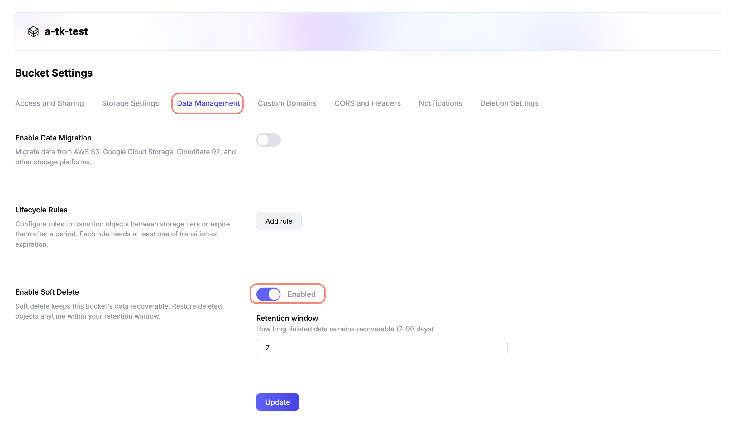 Enable soft delete from bucket settings